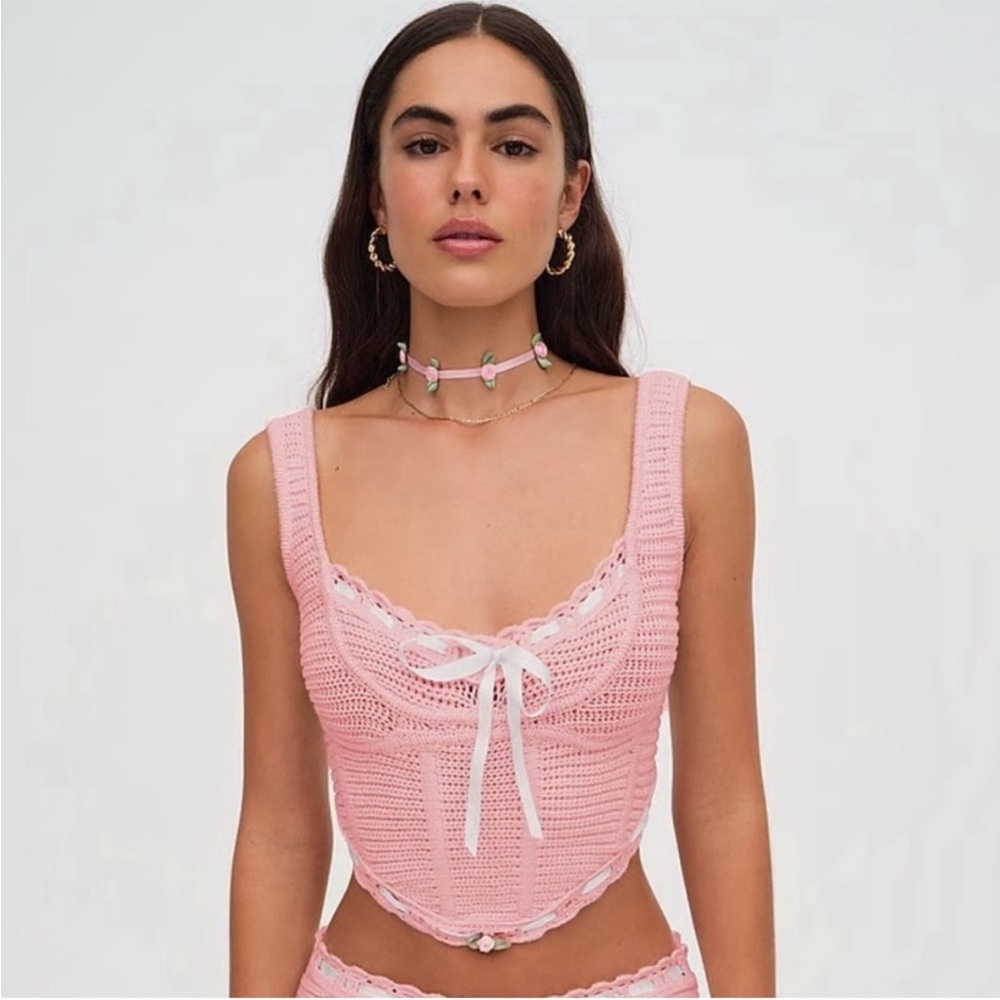 For Love and Lemons Pink Crochet Lace Trim Top - WITH FLAW